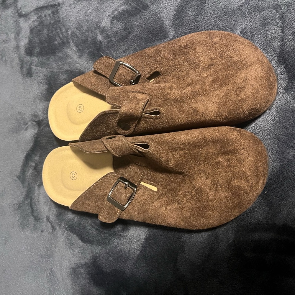 Brown Suede Buckle Clogs